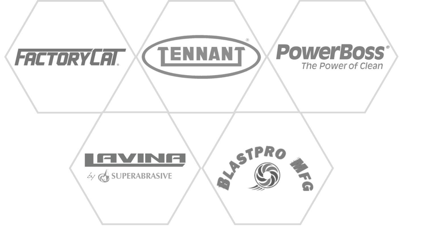 digitally created image of the manufacturers we partner with. The image contains the logos of Tennant co, Powerboss, factorycat, blast pro, and lavina