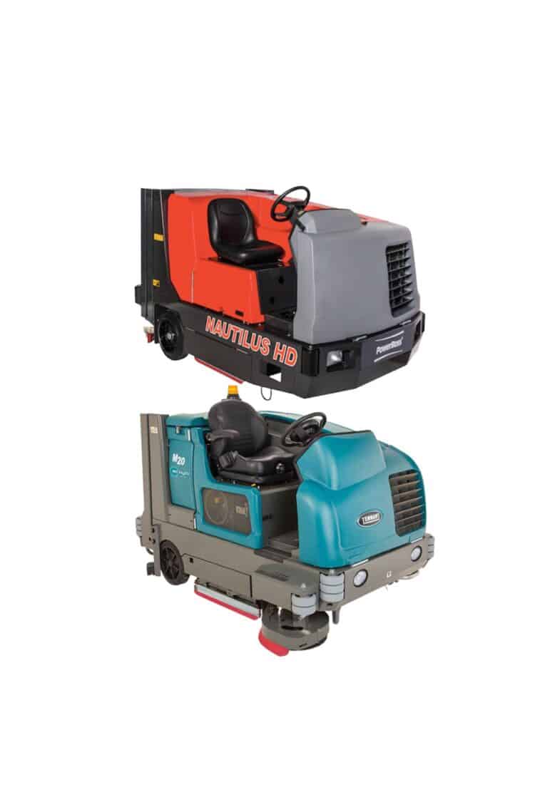 two different ride-on floor scrubber sweeper rental machines. One is a Tennant M20 a ride-on floor scrubber the other is a powerboss nautilus HD ride-on floor scrubber