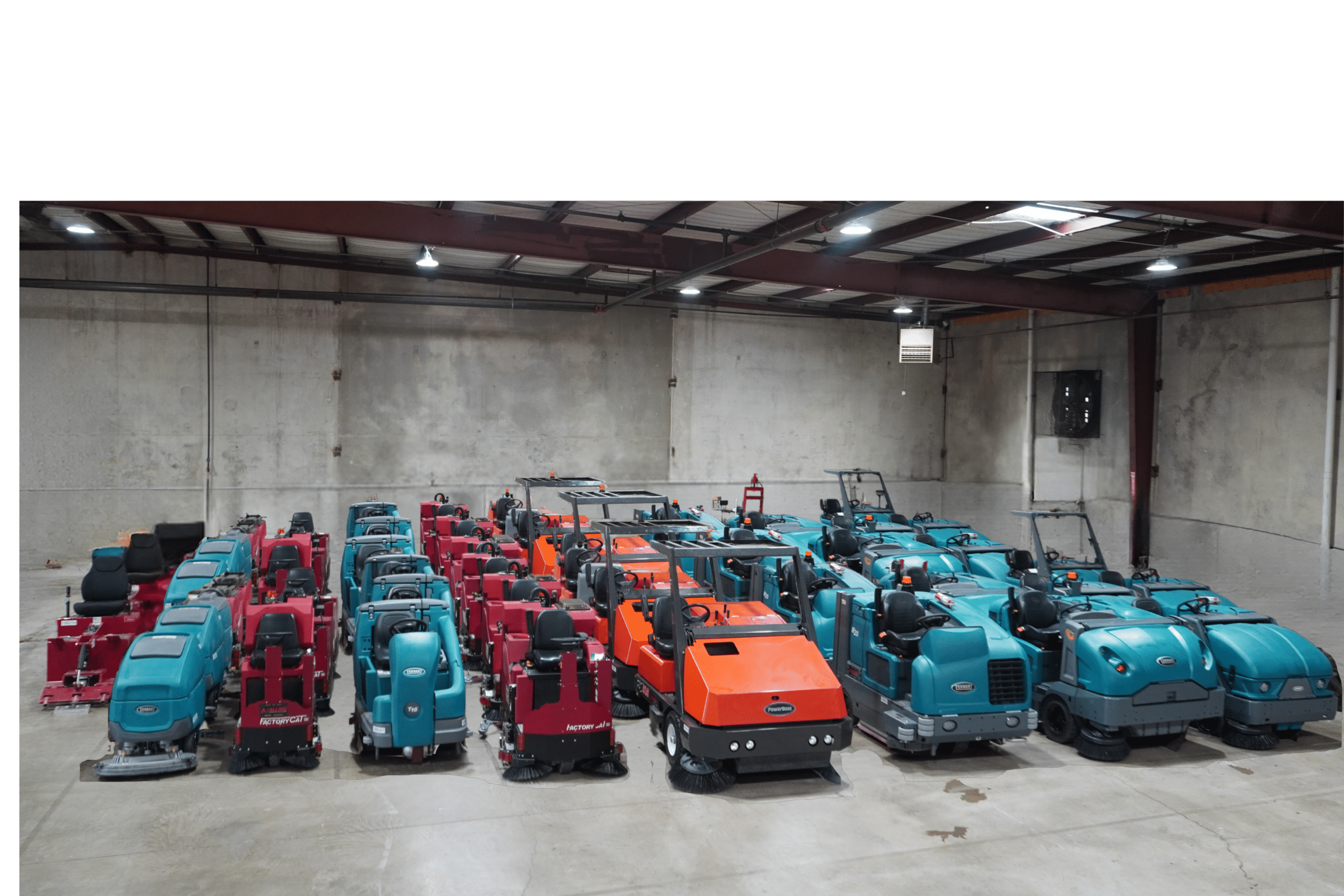 rental fleet of floor scrubbers, floor sweepers, and concrete prep equipment. The photo shows machines from multiple different brands, these brands include tennant, powerboss, and factorycat. The photo is taken inside the warehouse of Allied Flooring Solutions in Arlington TX